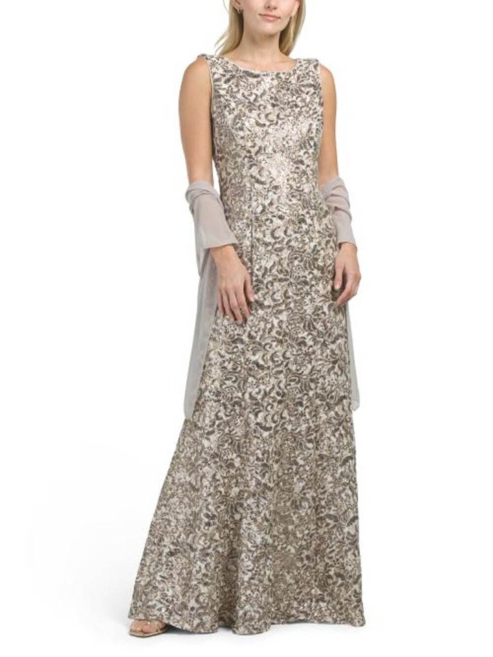 ALEX EVENINGS Long Sleeveless Corded Fit And Flare Dress With Shawl